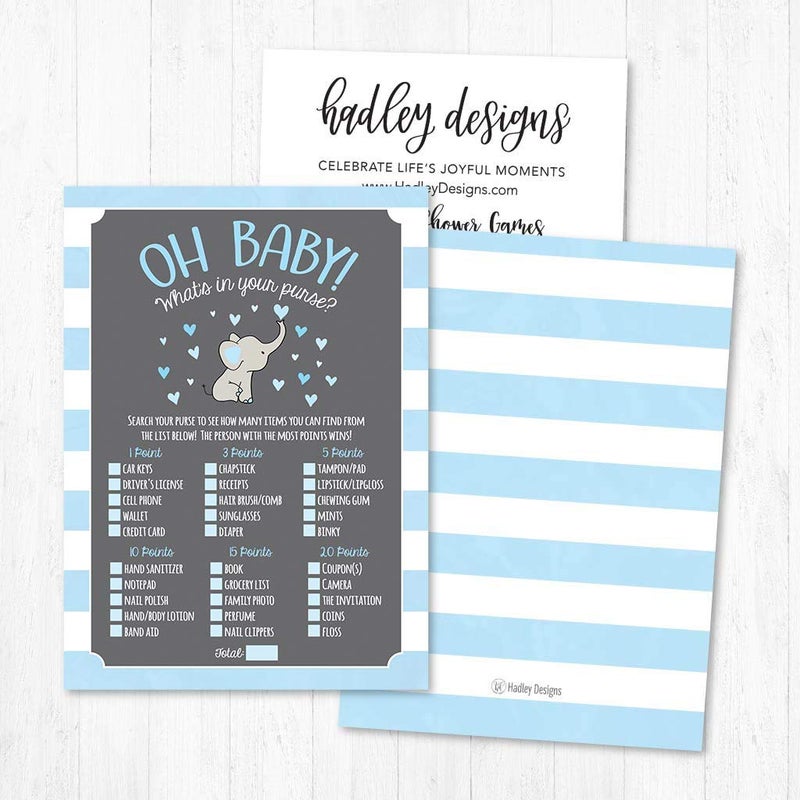 Hadley Designs Baby Shower Games for 25 Guests - Blue Elephant Whats in Your Purse Baby Shower Game Boy, What's in Your Purse Babyshower Games Boy, Made in USA - Image 3